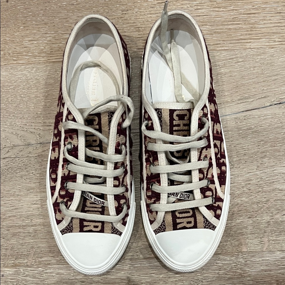 Dior Women's Walk ‘n’ Dior Burgundy and Cream Sneakers 39.5 Pristine